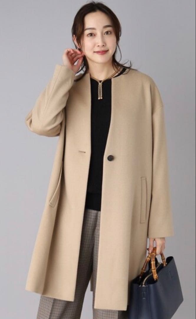 2023 アンタイトル カシミヤ混 大きめノーカラーコート ロング丈 ベージュ