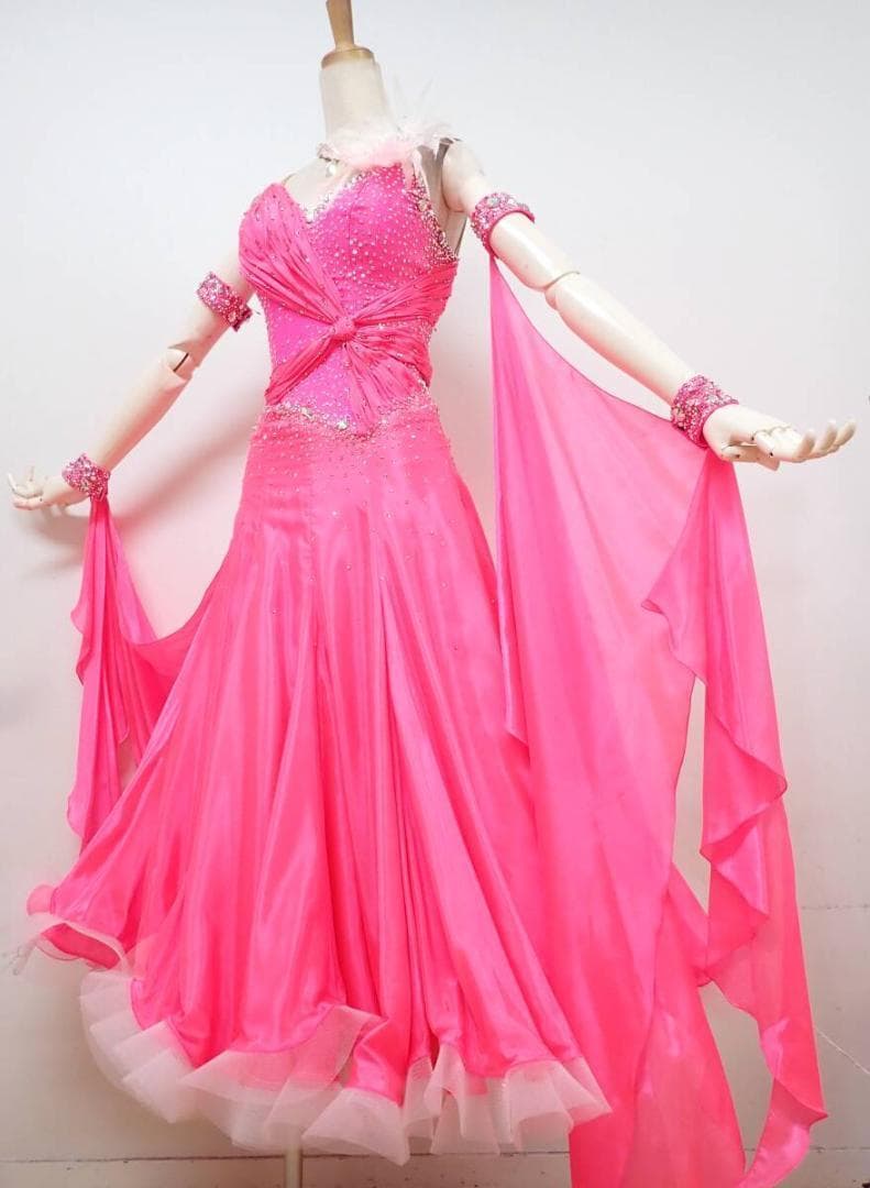 B1580【チャコット】S★ピンク/羽根/スワロ/スタンダードドレス☆社交ダンス