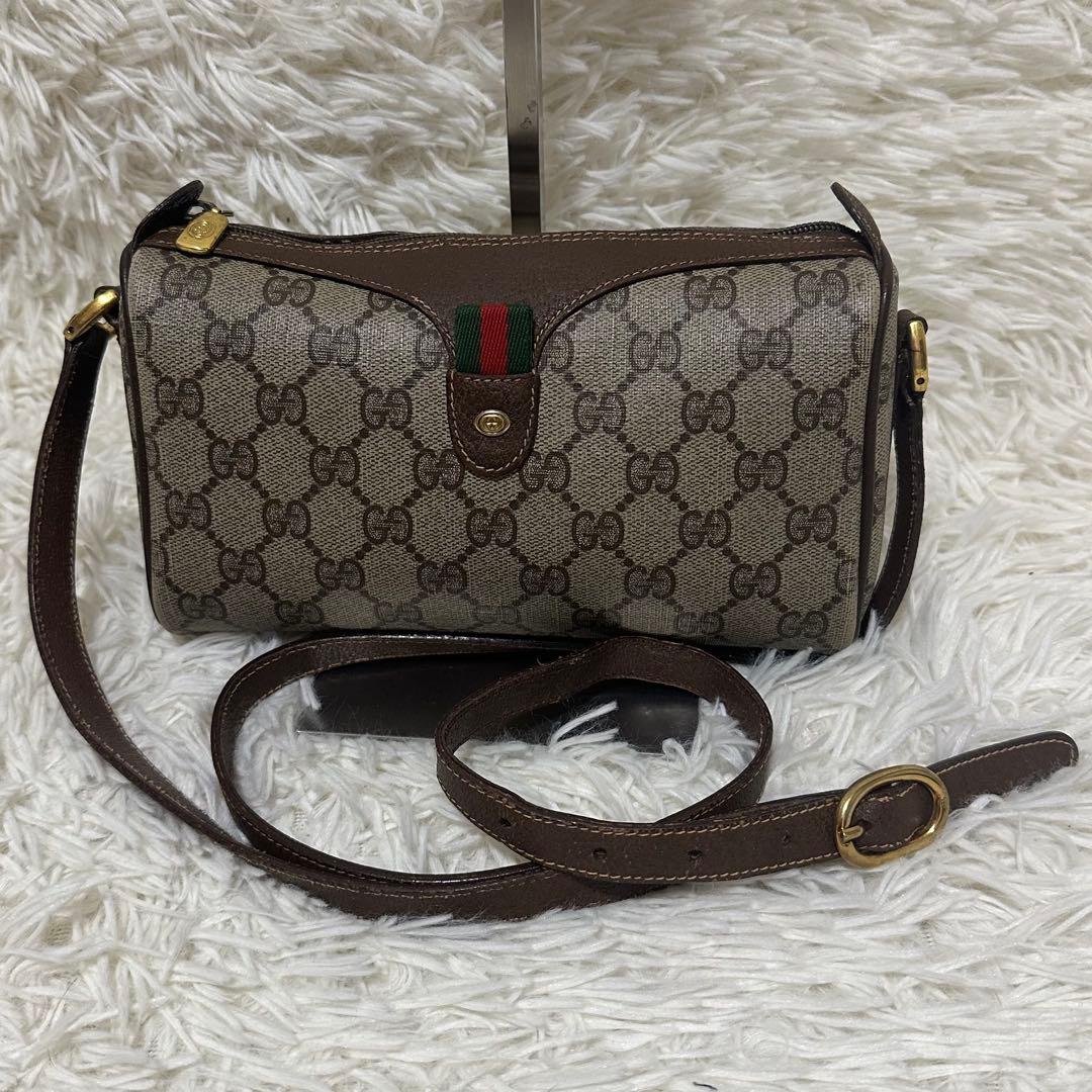 値下げ グッチ シェリーライン GG キャンバス レザー ショルダーバッグ
