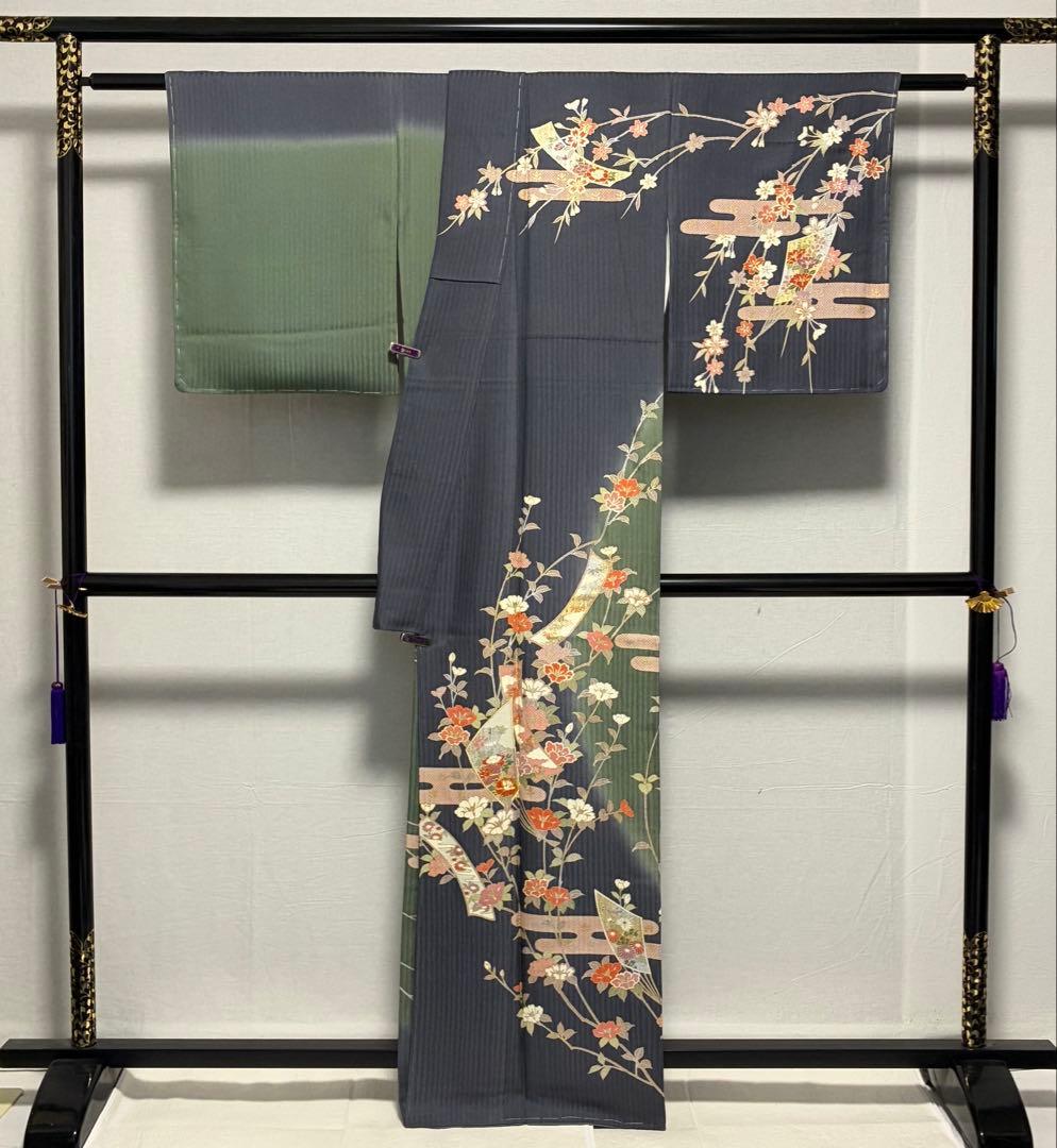 D233 訪問着　枝垂れ桜　金彩　正絹　着物　袷　しつけ糸付き未使用極美品