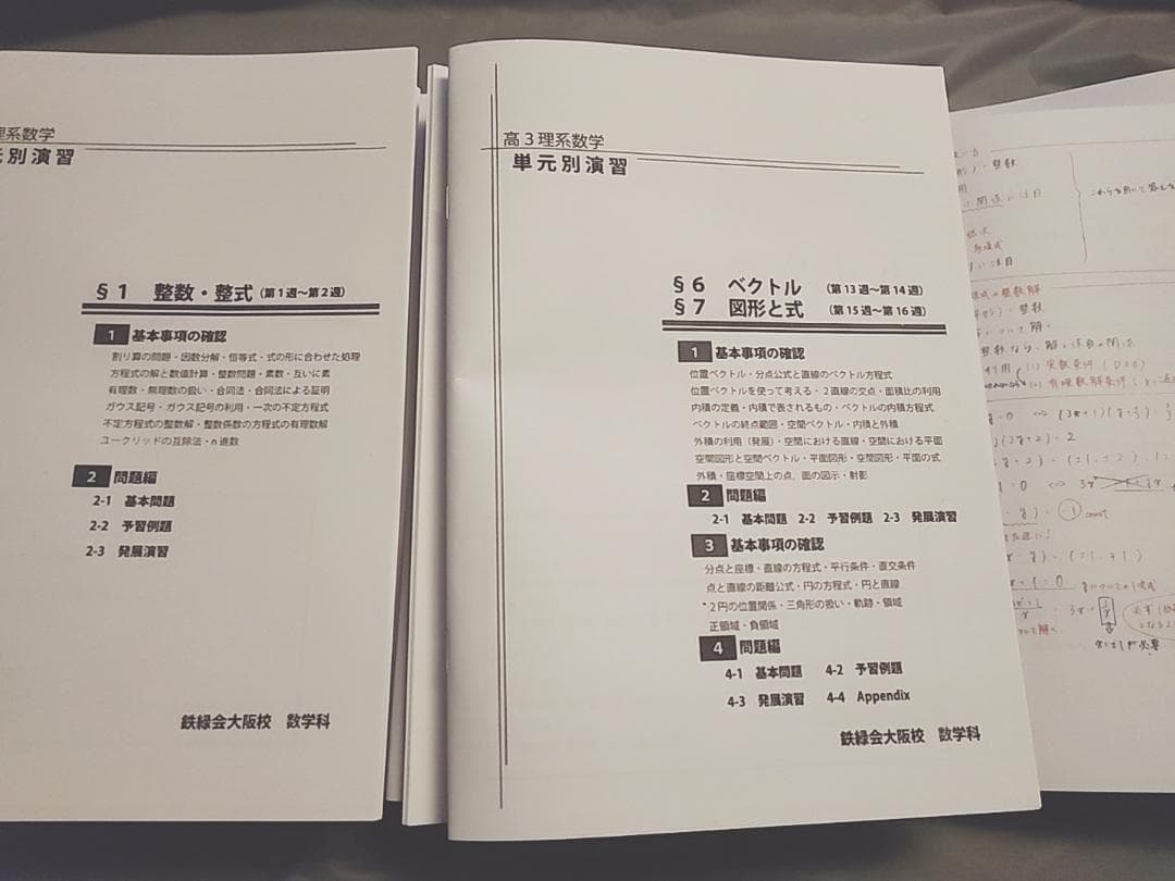 鉄緑会　高3理系数学単元別演習　冊子・プリント・板書　鶴田先生　駿台　河合塾東進