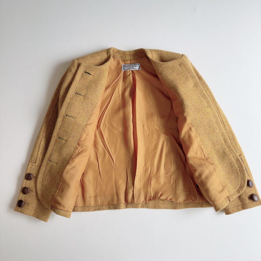 イヴサンローラン　ノーカラーツイードジャケット　木製ボタン　ウール　ヴィンテージ