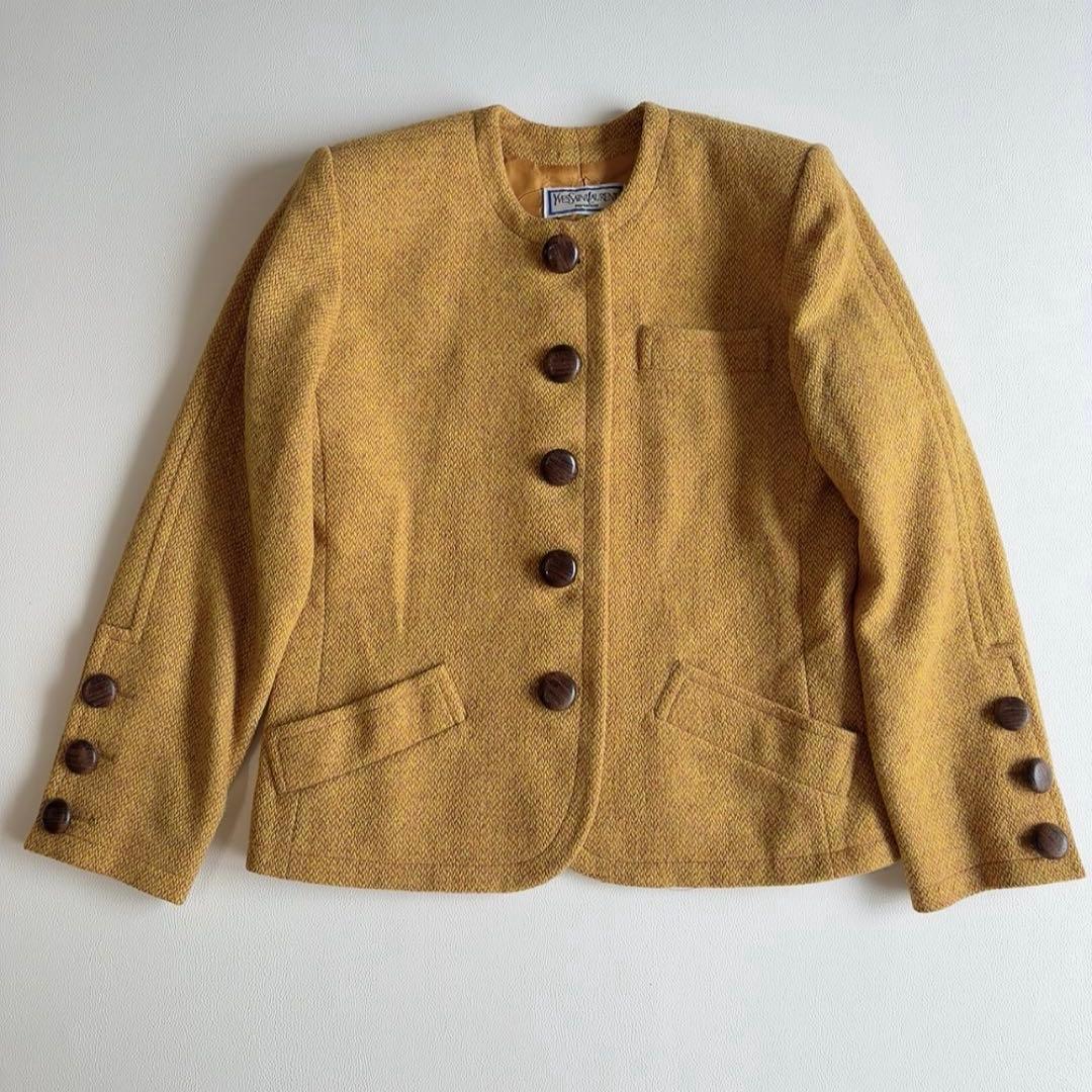 イヴサンローラン　ノーカラーツイードジャケット　木製ボタン　ウール　ヴィンテージ