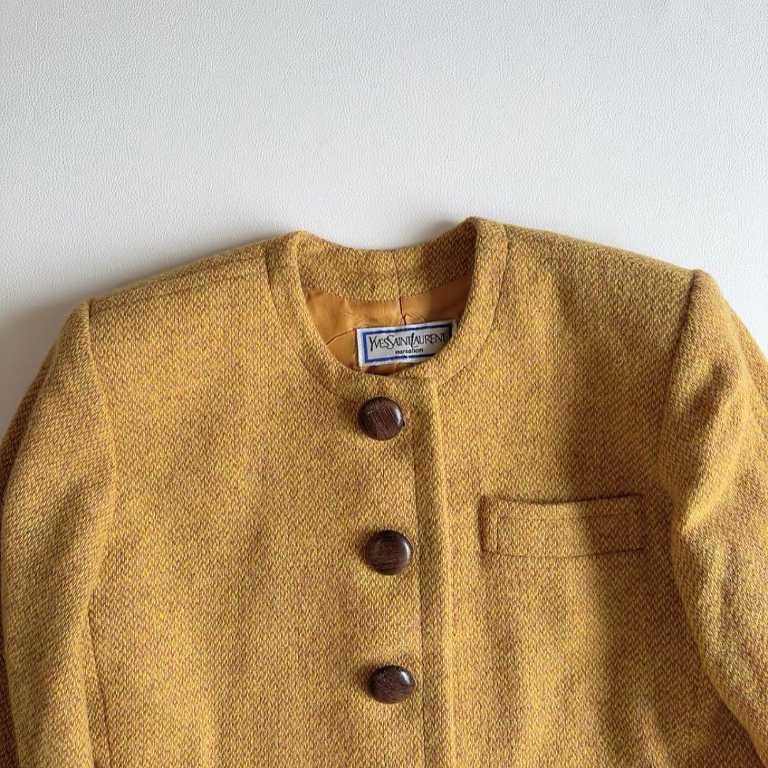 イヴサンローラン　ノーカラーツイードジャケット　木製ボタン　ウール　ヴィンテージ