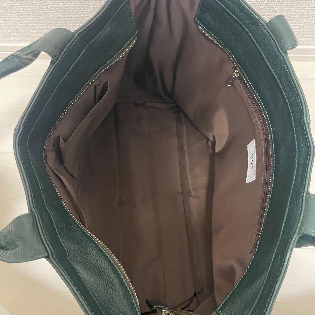 極美品｜SHIPS シップス【A4収納可】本革 トートバッグ シボ革 グリーン