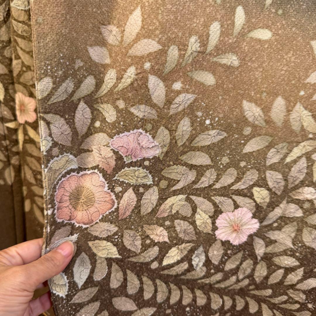 しつけ付き　正絹　袷　現代　広襟　訪問着　着物　辻ヶ花　紋無　深緑　156裄64