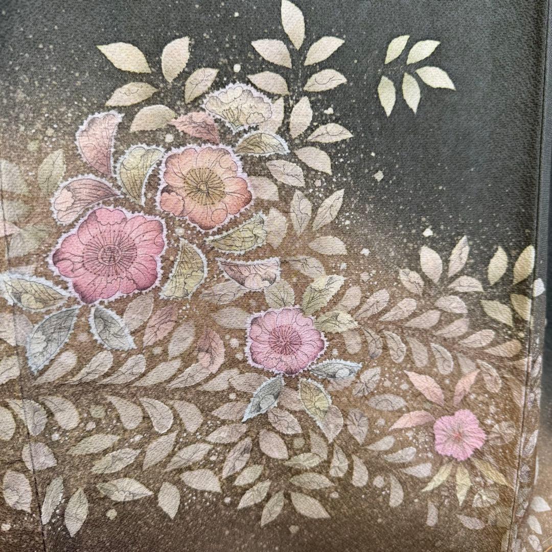 しつけ付き　正絹　袷　現代　広襟　訪問着　着物　辻ヶ花　紋無　深緑　156裄64