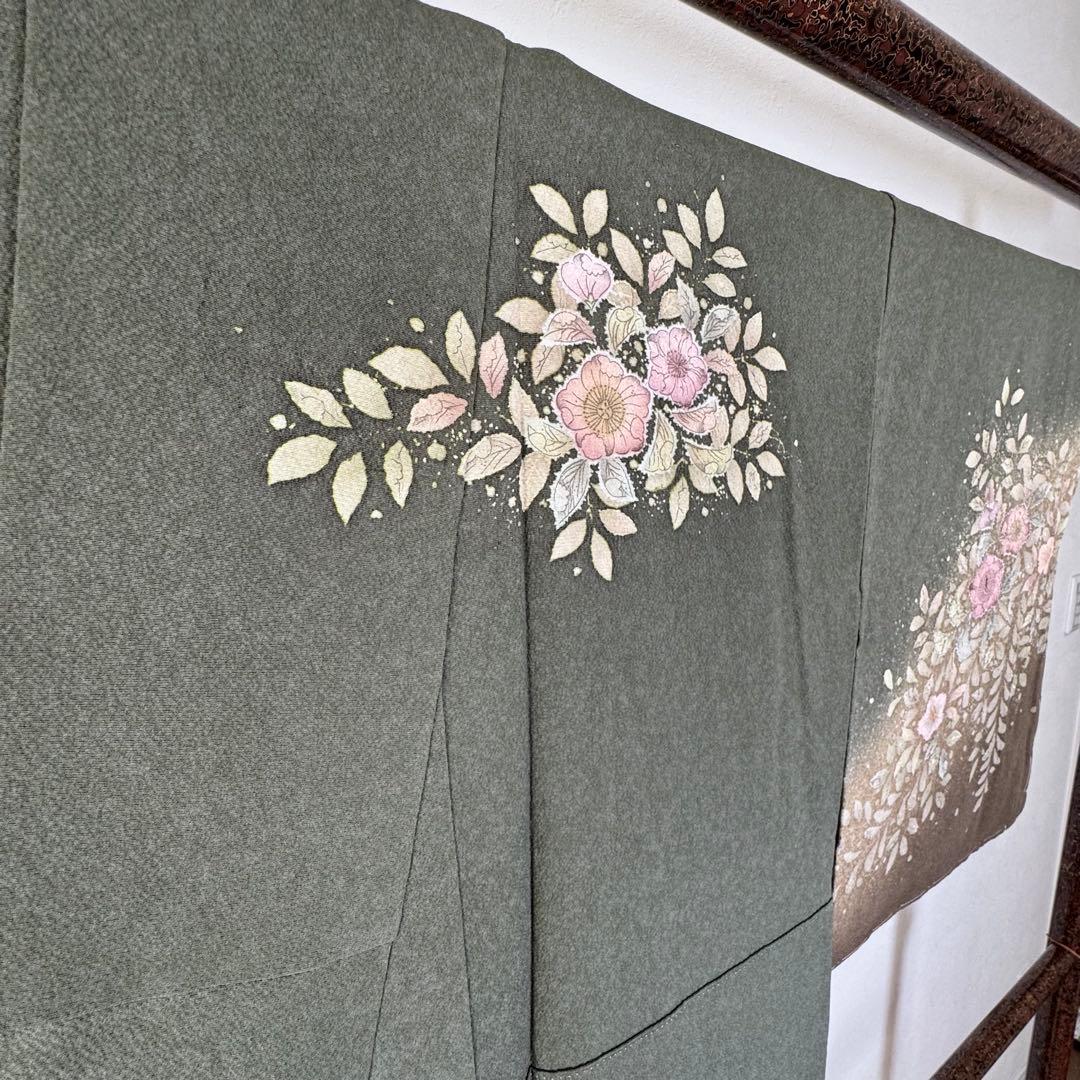 しつけ付き　正絹　袷　現代　広襟　訪問着　着物　辻ヶ花　紋無　深緑　156裄64