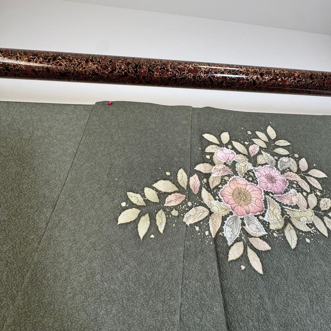 しつけ付き　正絹　袷　現代　広襟　訪問着　着物　辻ヶ花　紋無　深緑　156裄64