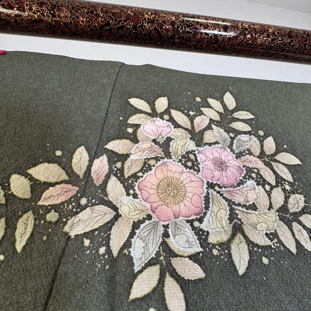 しつけ付き　正絹　袷　現代　広襟　訪問着　着物　辻ヶ花　紋無　深緑　156裄64