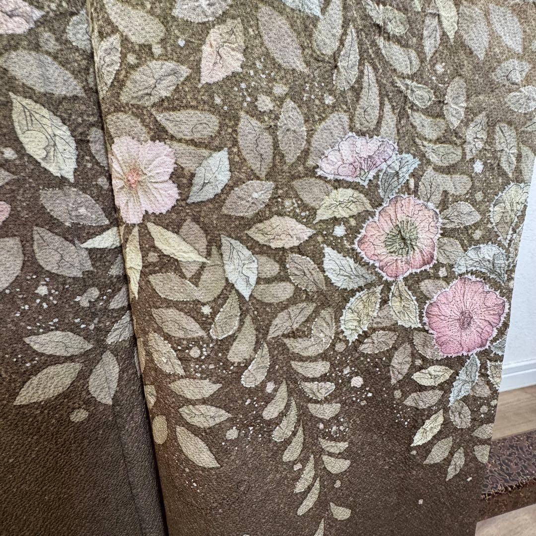 しつけ付き　正絹　袷　現代　広襟　訪問着　着物　辻ヶ花　紋無　深緑　156裄64