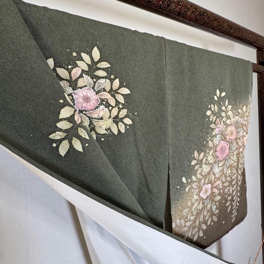 しつけ付き　正絹　袷　現代　広襟　訪問着　着物　辻ヶ花　紋無　深緑　156裄64