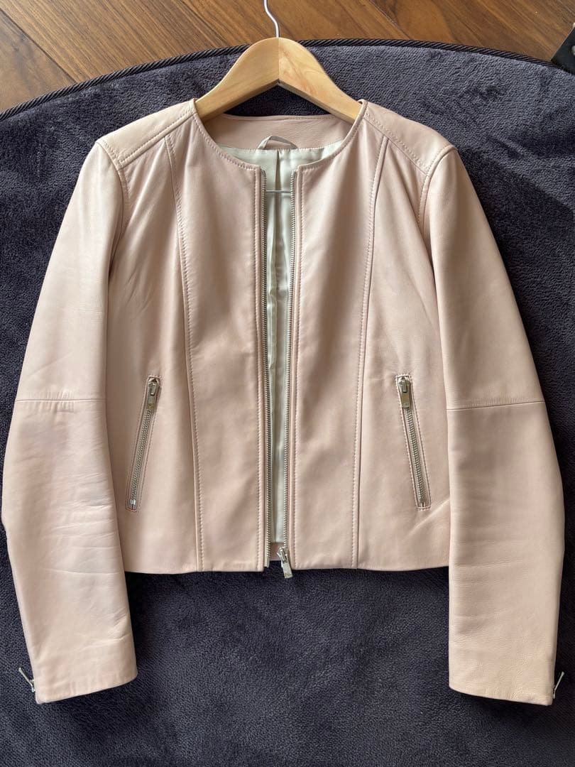 ANAYI ノーカラーレザージャケット ピンクベージュ38