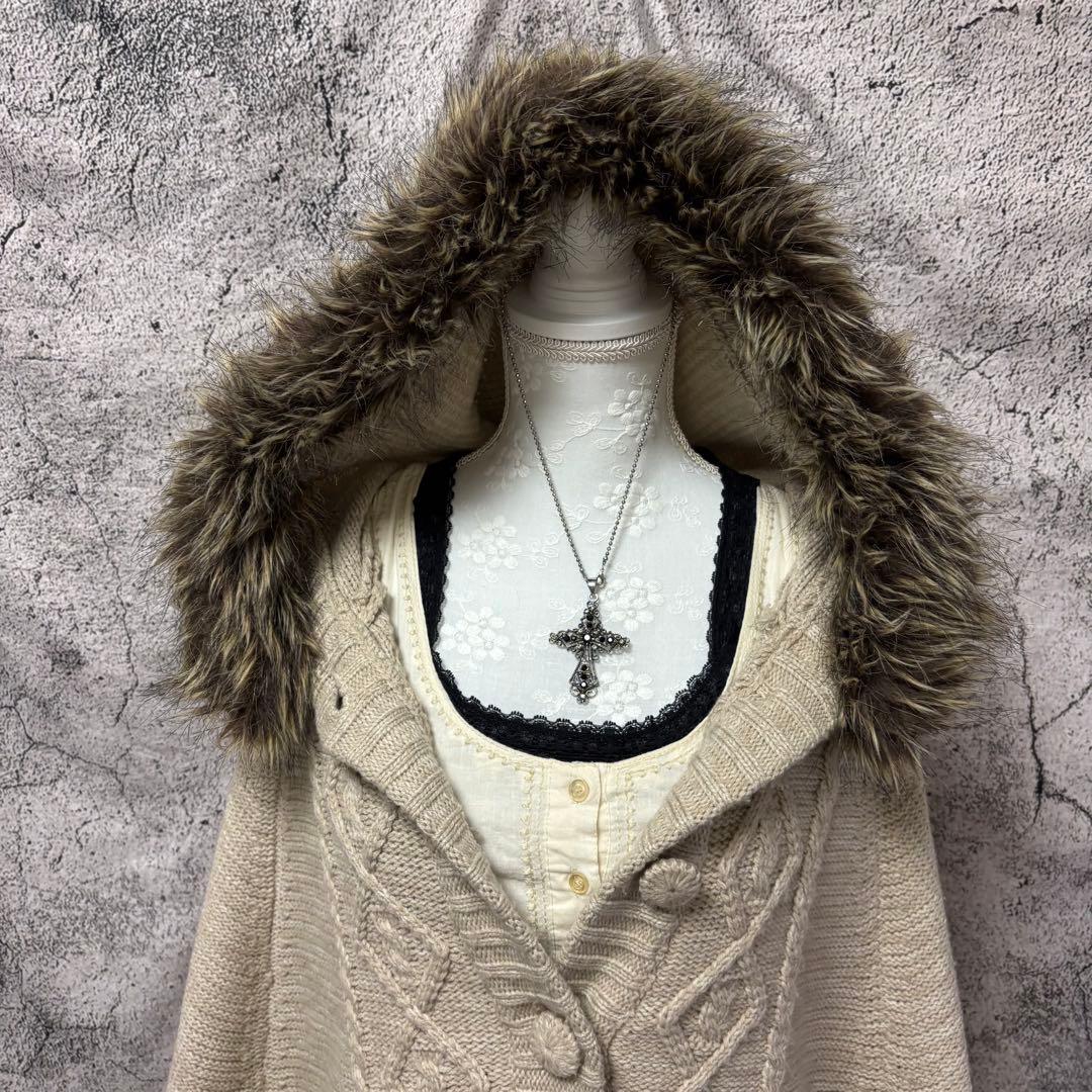 y2k 00s 森ガール　ニットポンチョ　スカート　2点セット　ファー　フリンジ