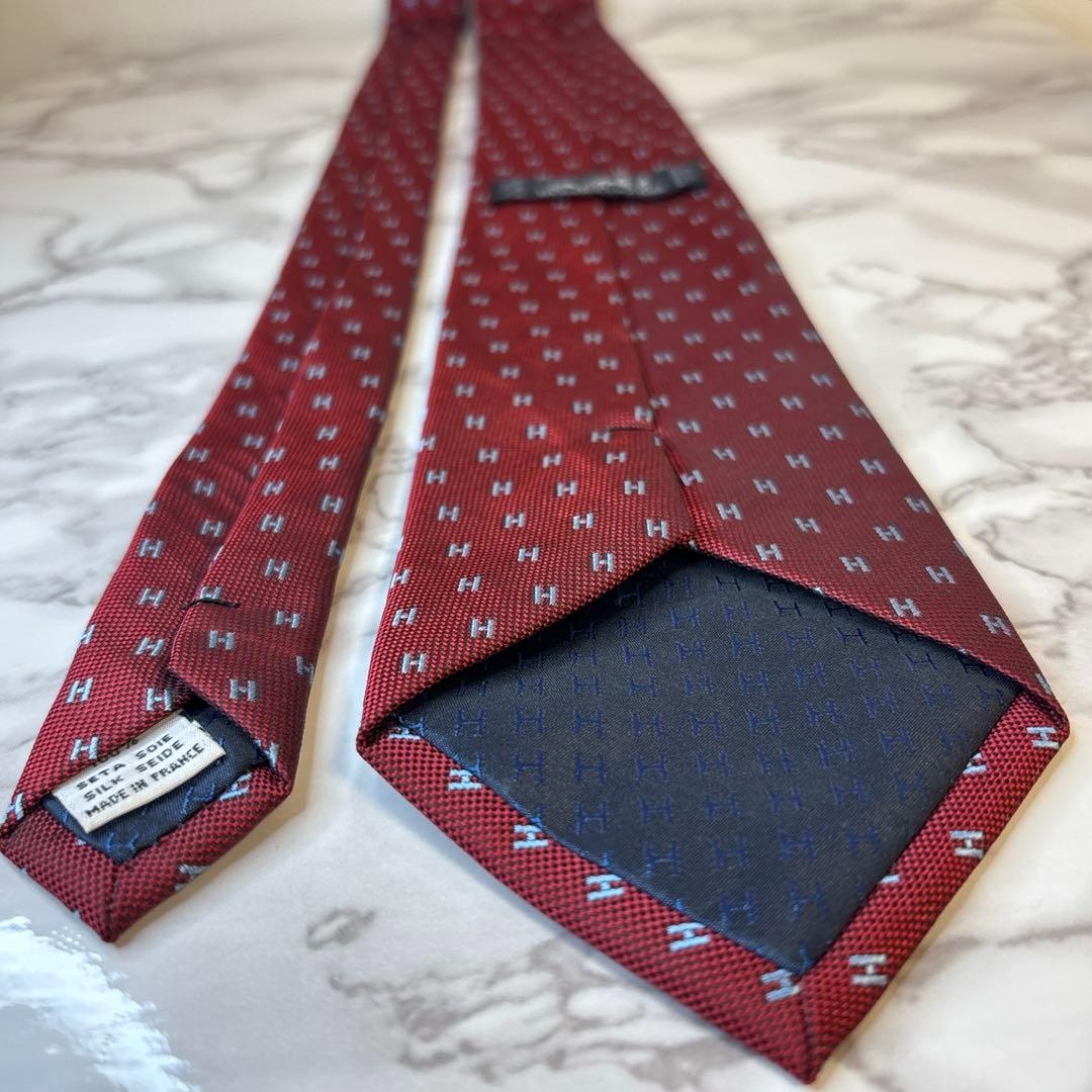【極美品✨】HERMES ネクタイ　レッド　赤　ファソネ　H柄　ブルー　青色