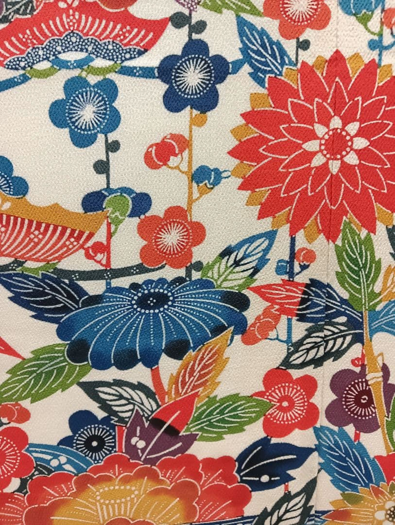 ナ3【1】◆美品◆正絹◆紅型・花鳥柄振袖 ＆六通袋帯＆帯締めセット◆レトロ