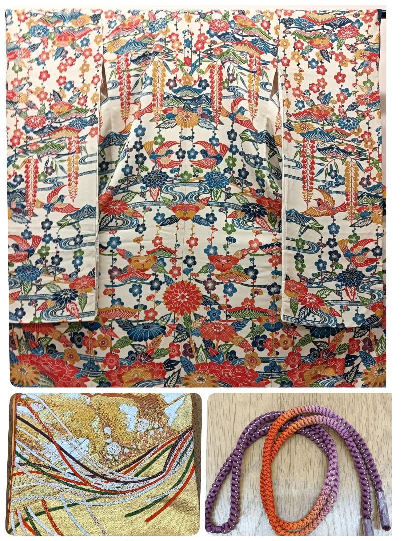 ナ3【1】◆美品◆正絹◆紅型・花鳥柄振袖 ＆六通袋帯＆帯締めセット◆レトロ