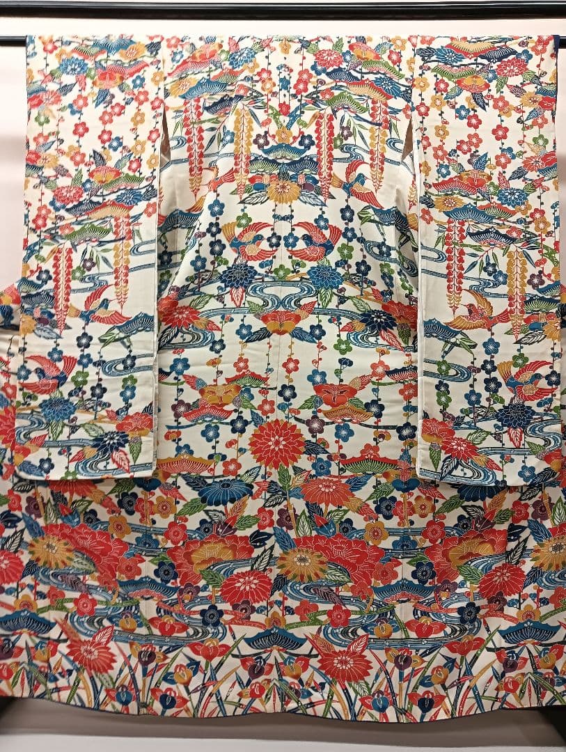 ナ3【1】◆美品◆正絹◆紅型・花鳥柄振袖 ＆六通袋帯＆帯締めセット◆レトロ