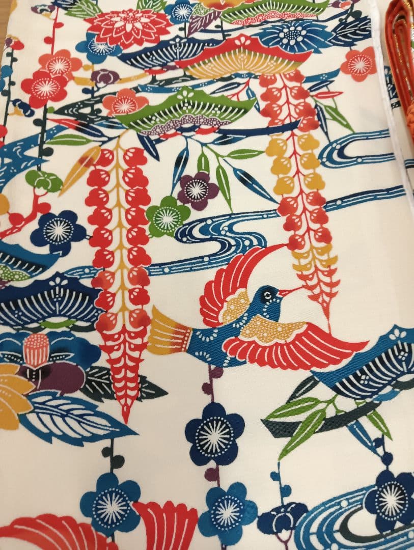 ナ3【1】◆美品◆正絹◆紅型・花鳥柄振袖 ＆六通袋帯＆帯締めセット◆レトロ