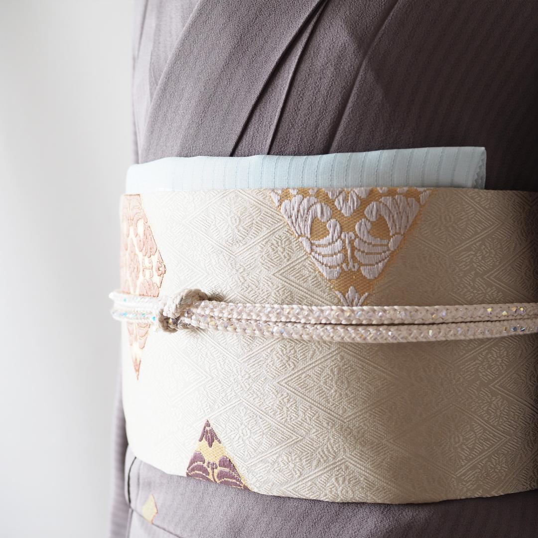 【帯】【袋帯】薄うぐいす地 菱型 吉祥文 三越扱い No.14