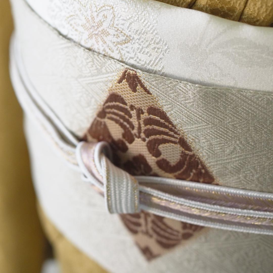 【帯】【袋帯】薄うぐいす地 菱型 吉祥文 三越扱い No.14