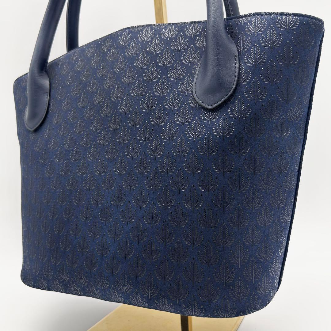 A818【美品】印傳屋 トートバッグ 肩掛け 濃紺 ジャガード 和柄 自立