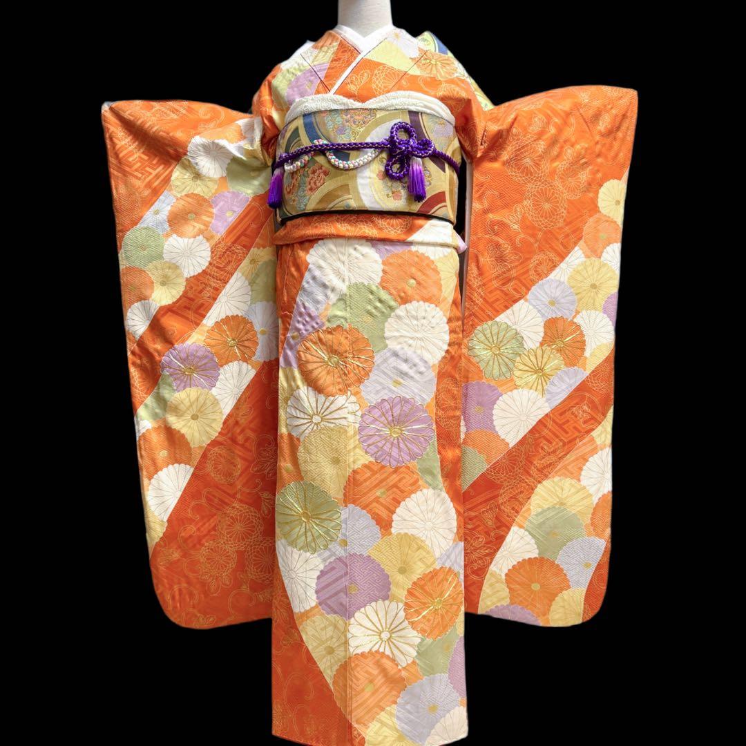 振袖５点セット　セミアンティーク　菊模様　西陣織袋帯　成人式　161.5cm位迄