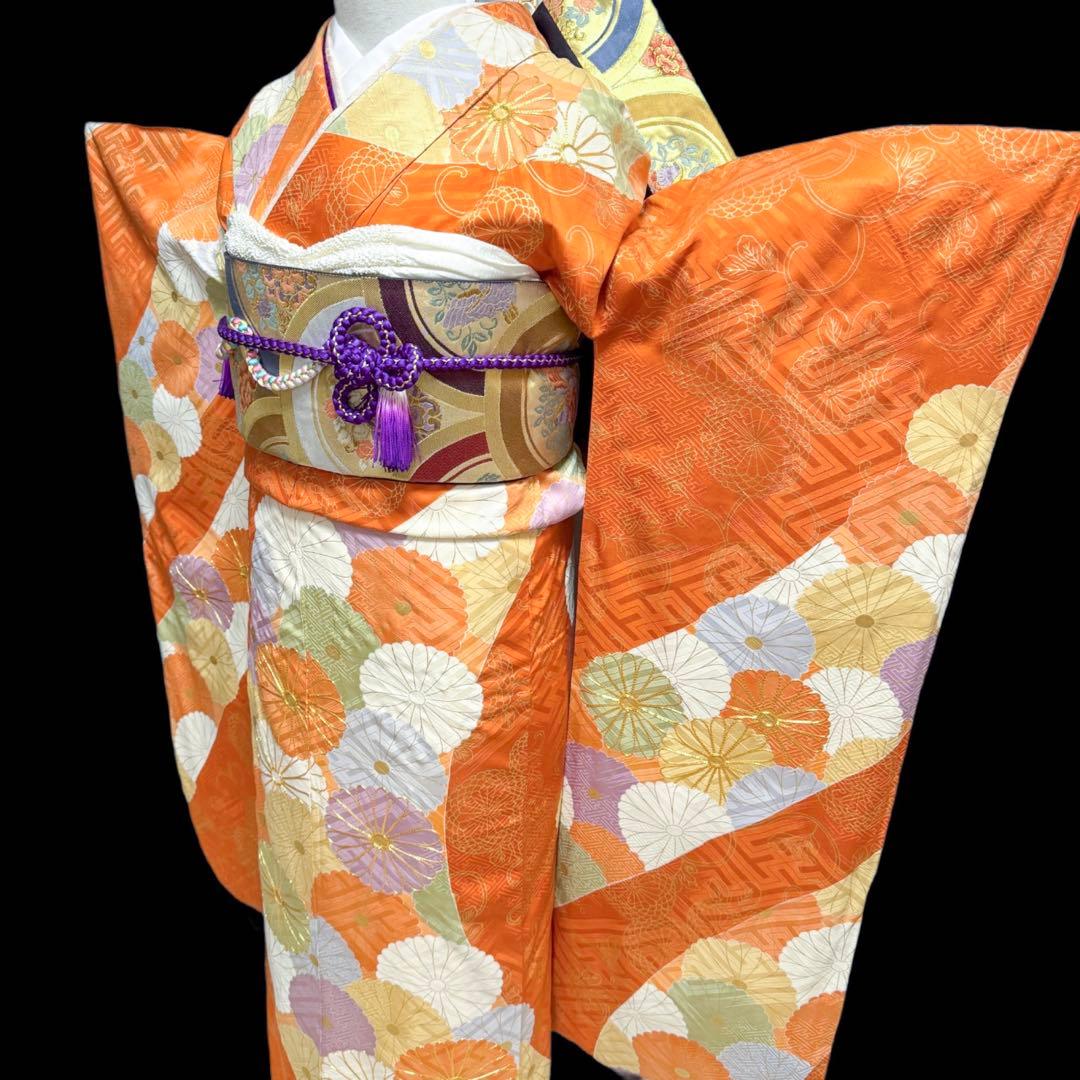 振袖５点セット　セミアンティーク　菊模様　西陣織袋帯　成人式　161.5cm位迄