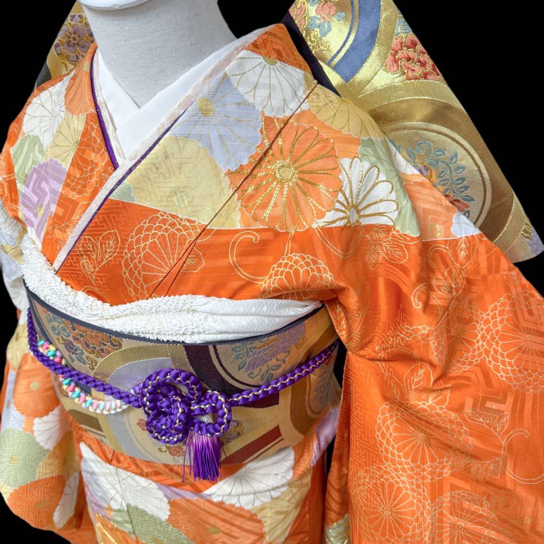 振袖５点セット　セミアンティーク　菊模様　西陣織袋帯　成人式　161.5cm位迄