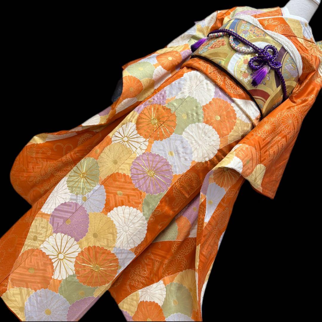 振袖５点セット　セミアンティーク　菊模様　西陣織袋帯　成人式　161.5cm位迄