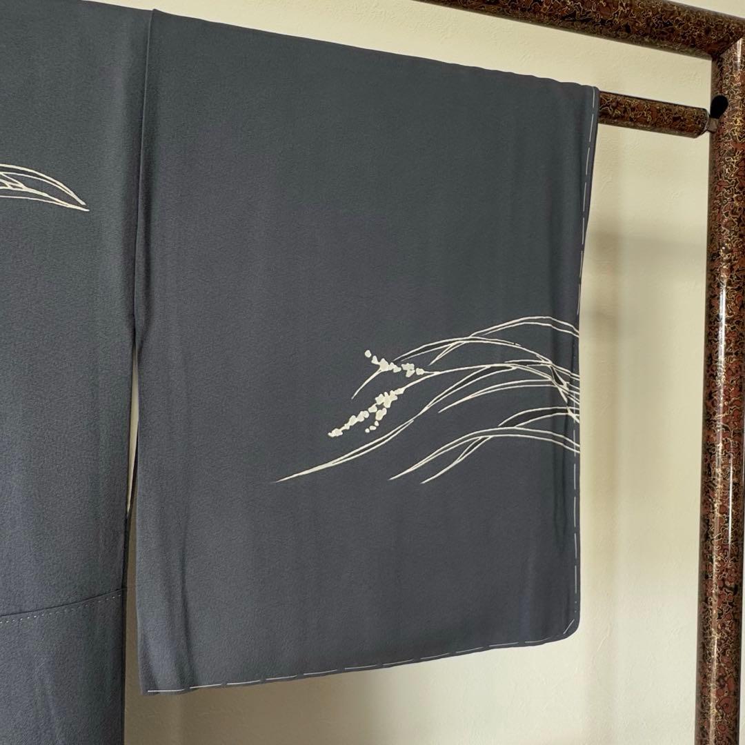 しつけ付き　正絹　袷　現代　広襟　訪問着　着物　165 二代目　山田栄一　紺　青