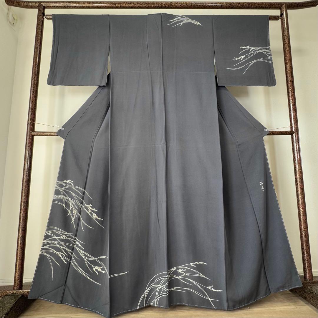 しつけ付き　正絹　袷　現代　広襟　訪問着　着物　165 二代目　山田栄一　紺　青