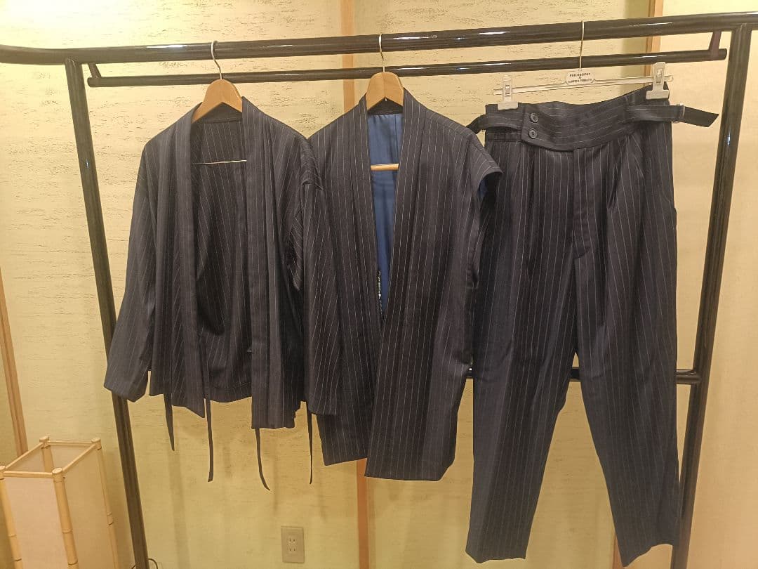 Japan Style 男の創作着物和風スーツ 　（3点）ネイビーストライプ　M