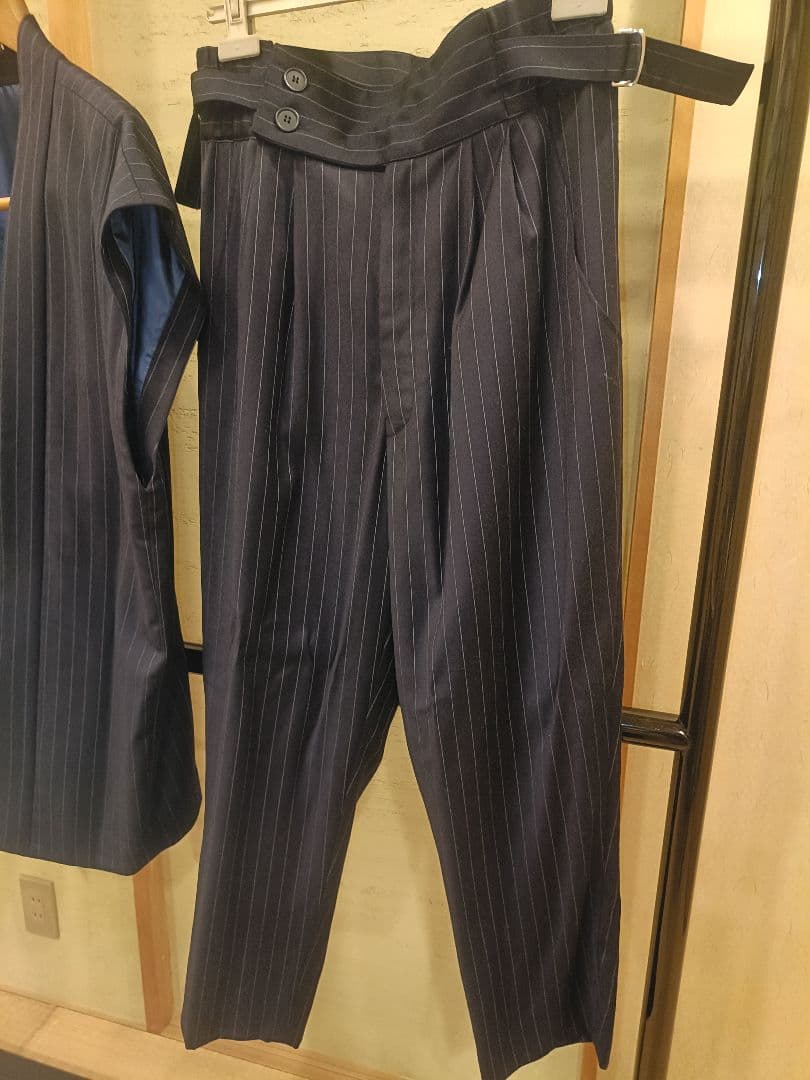 Japan Style 男の創作着物和風スーツ 　（3点）ネイビーストライプ　M