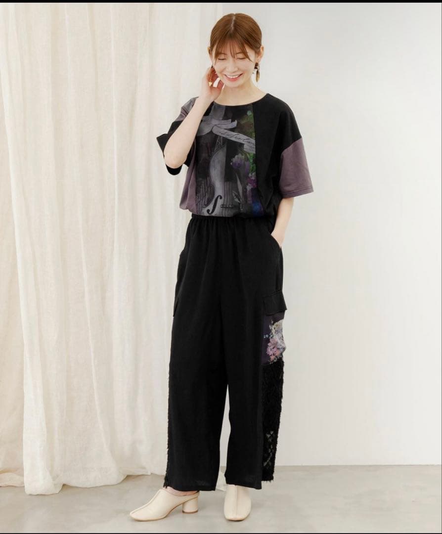 イズスカラー 花蝶フリンジシフォン 異素材MIXカーゴパンツ