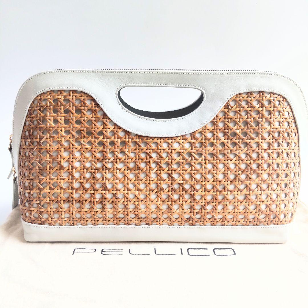 美品ペリーコ ANELLI CEST ラフィア レザー ハンドバッグ アイボリー