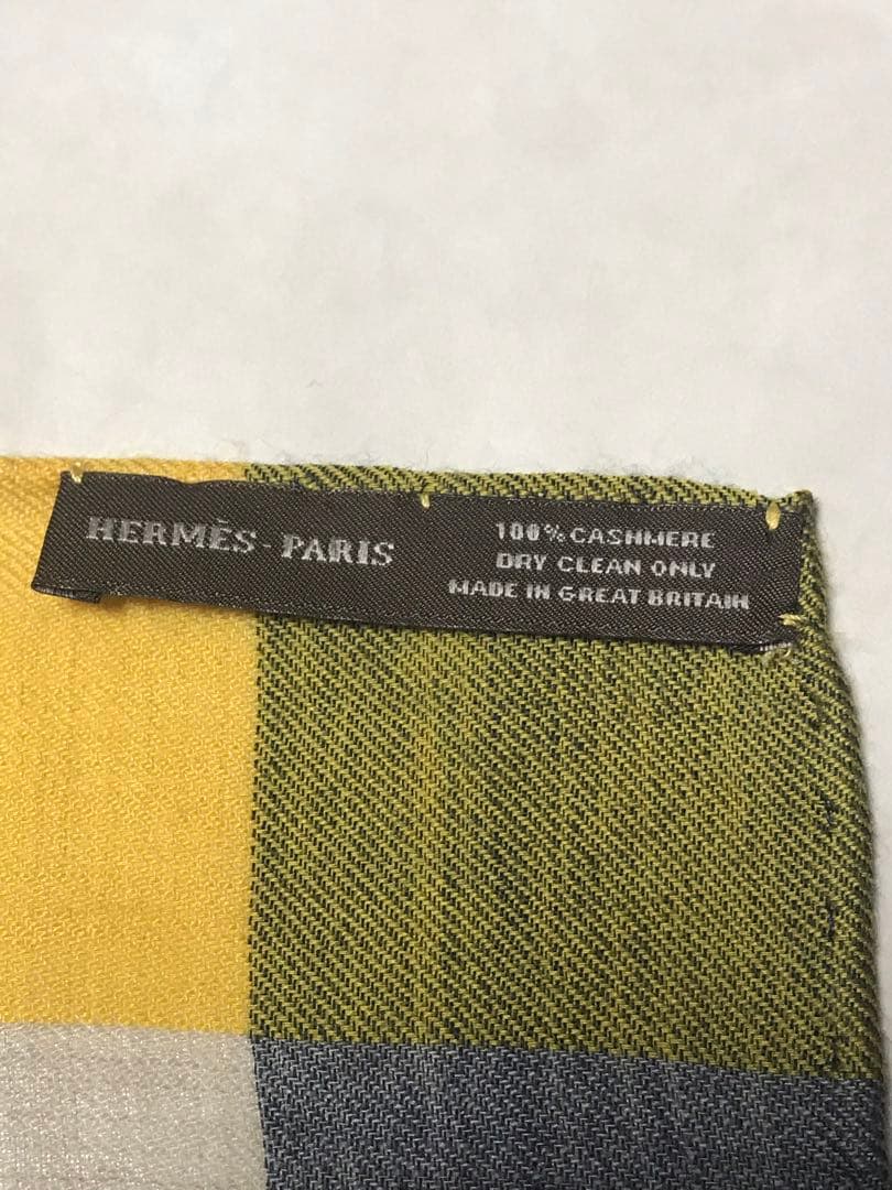HERMES カシミヤストール　正方形ベージュ紺黄　　超大判