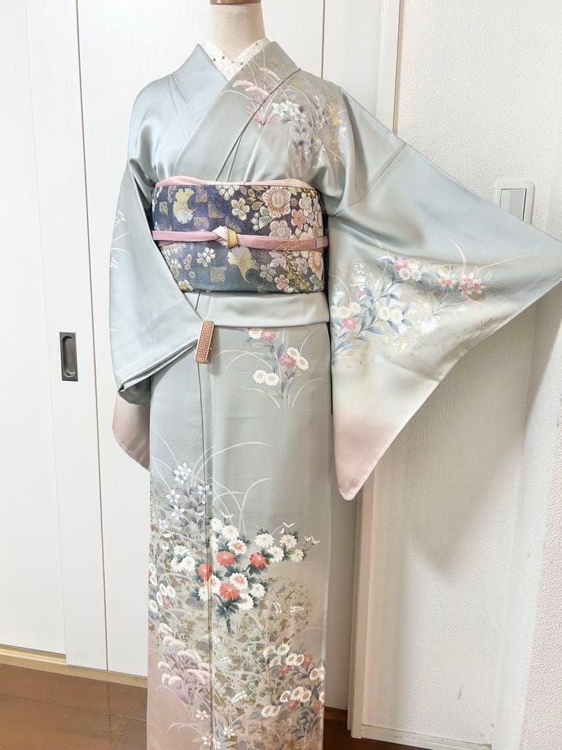 美品　未使用　しつけ糸付　裄丈長め　正絹訪問着　フルセット4点　袋帯ガード加工