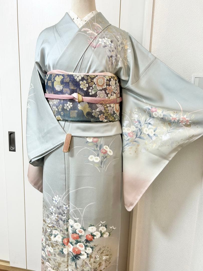 美品　未使用　しつけ糸付　裄丈長め　正絹訪問着　フルセット4点　袋帯ガード加工