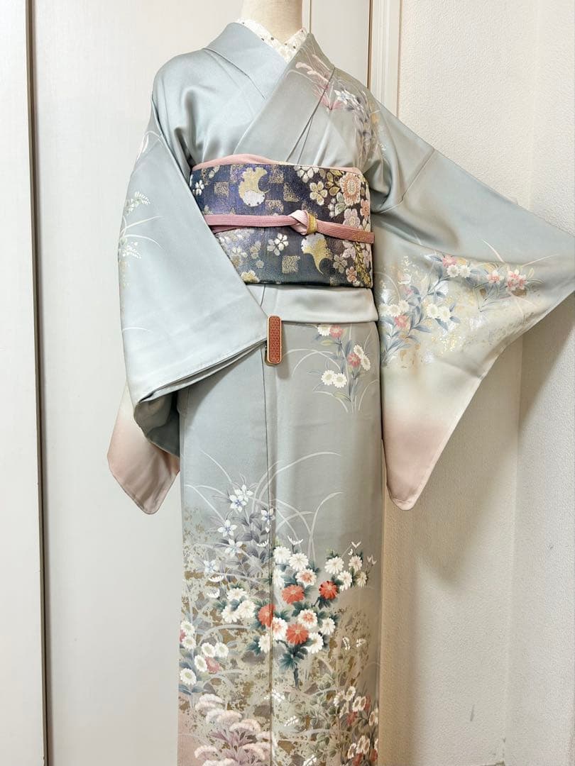 美品　未使用　しつけ糸付　裄丈長め　正絹訪問着　フルセット4点　袋帯ガード加工