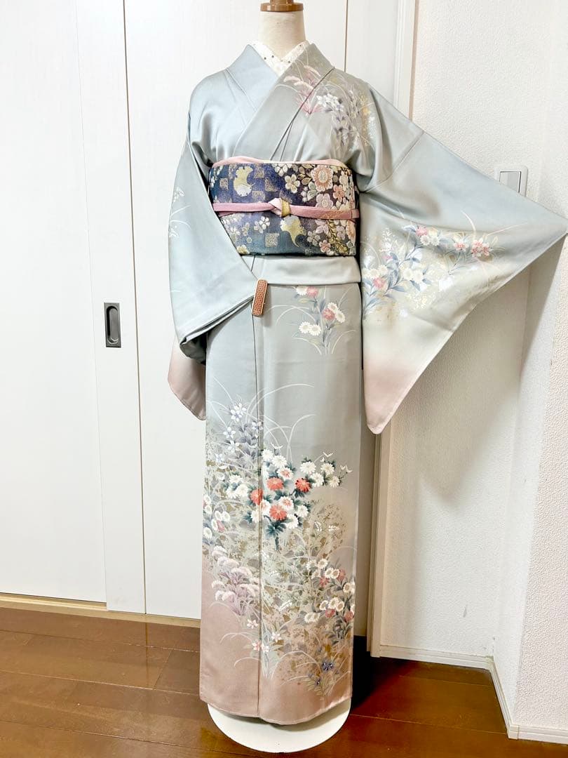 美品　未使用　しつけ糸付　裄丈長め　正絹訪問着　フルセット4点　袋帯ガード加工