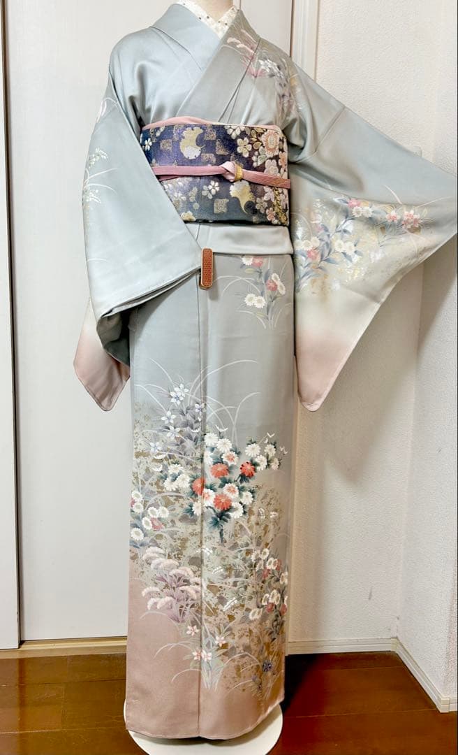 美品　未使用　しつけ糸付　裄丈長め　正絹訪問着　フルセット4点　袋帯ガード加工