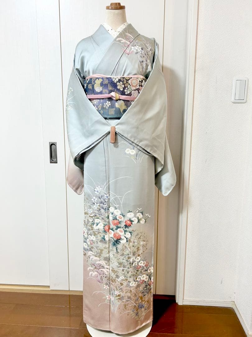 美品　未使用　しつけ糸付　裄丈長め　正絹訪問着　フルセット4点　袋帯ガード加工