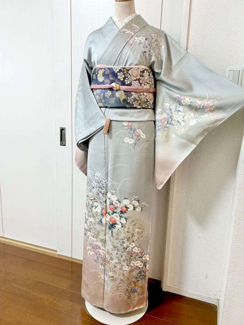 美品　未使用　しつけ糸付　裄丈長め　正絹訪問着　フルセット4点　袋帯ガード加工