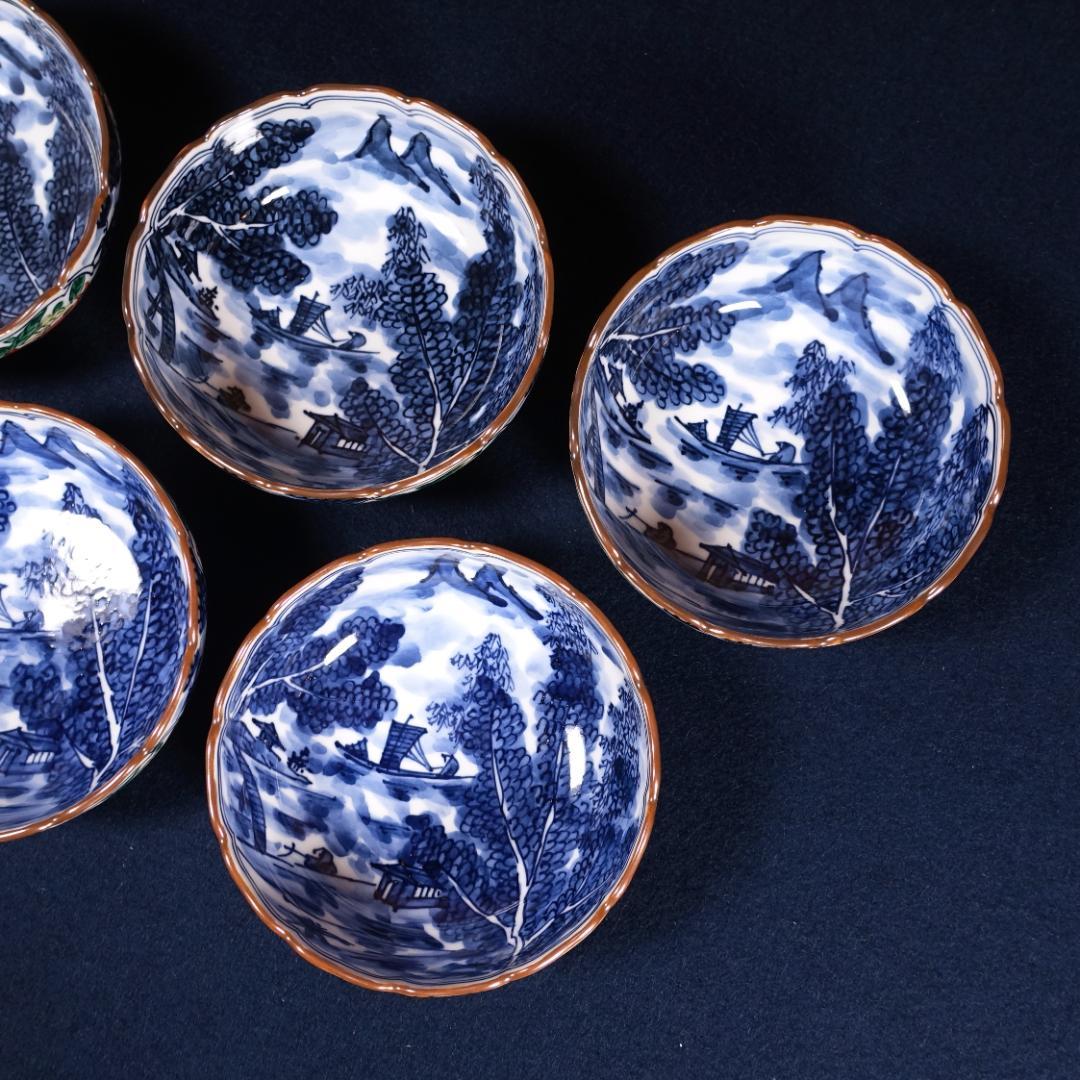 京焼名工 馬場京泉 染付色絵 柘榴に山水風景文 向付 5客