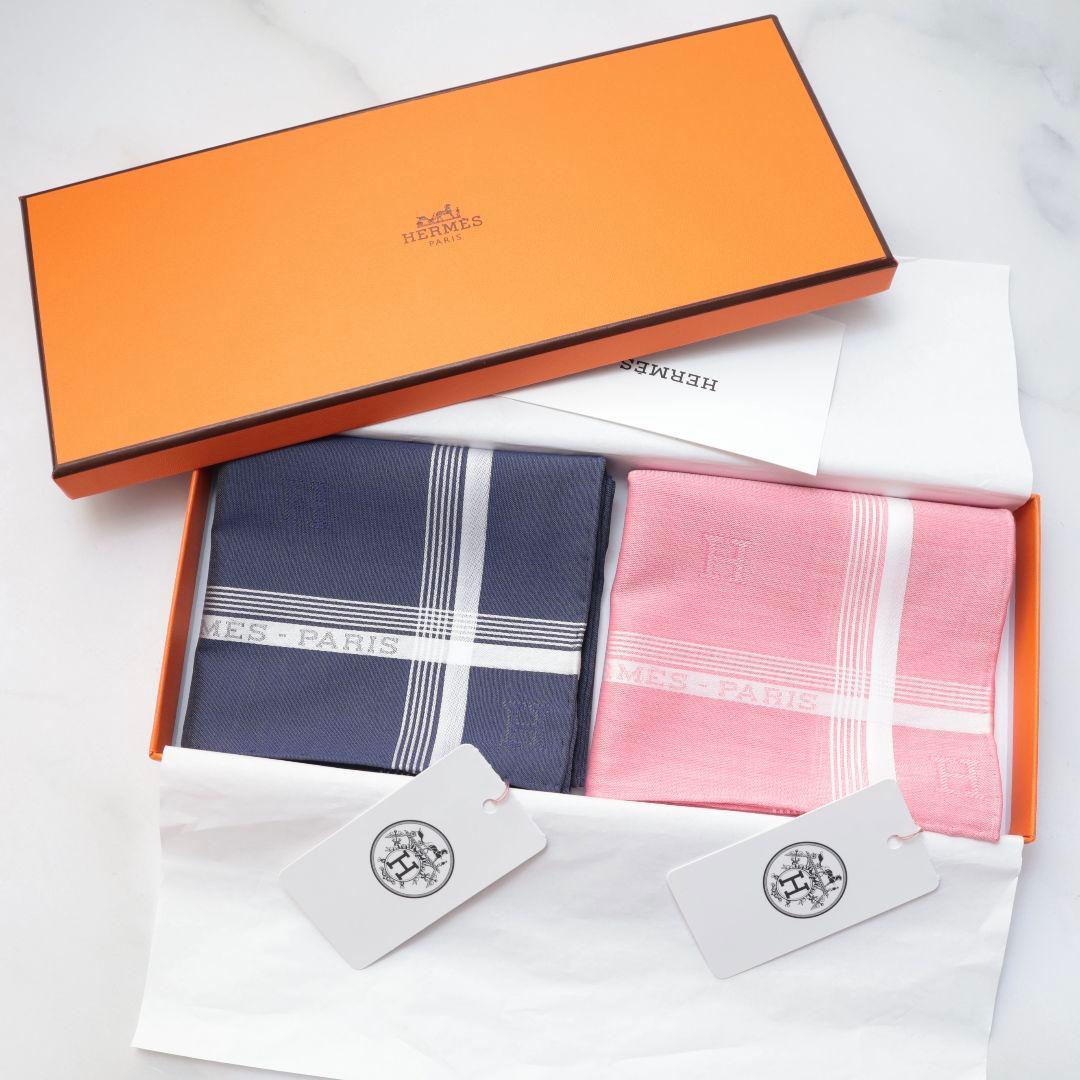新品未使用 エルメス HERMES ハンカチ 2枚セット ネイビー ピンク