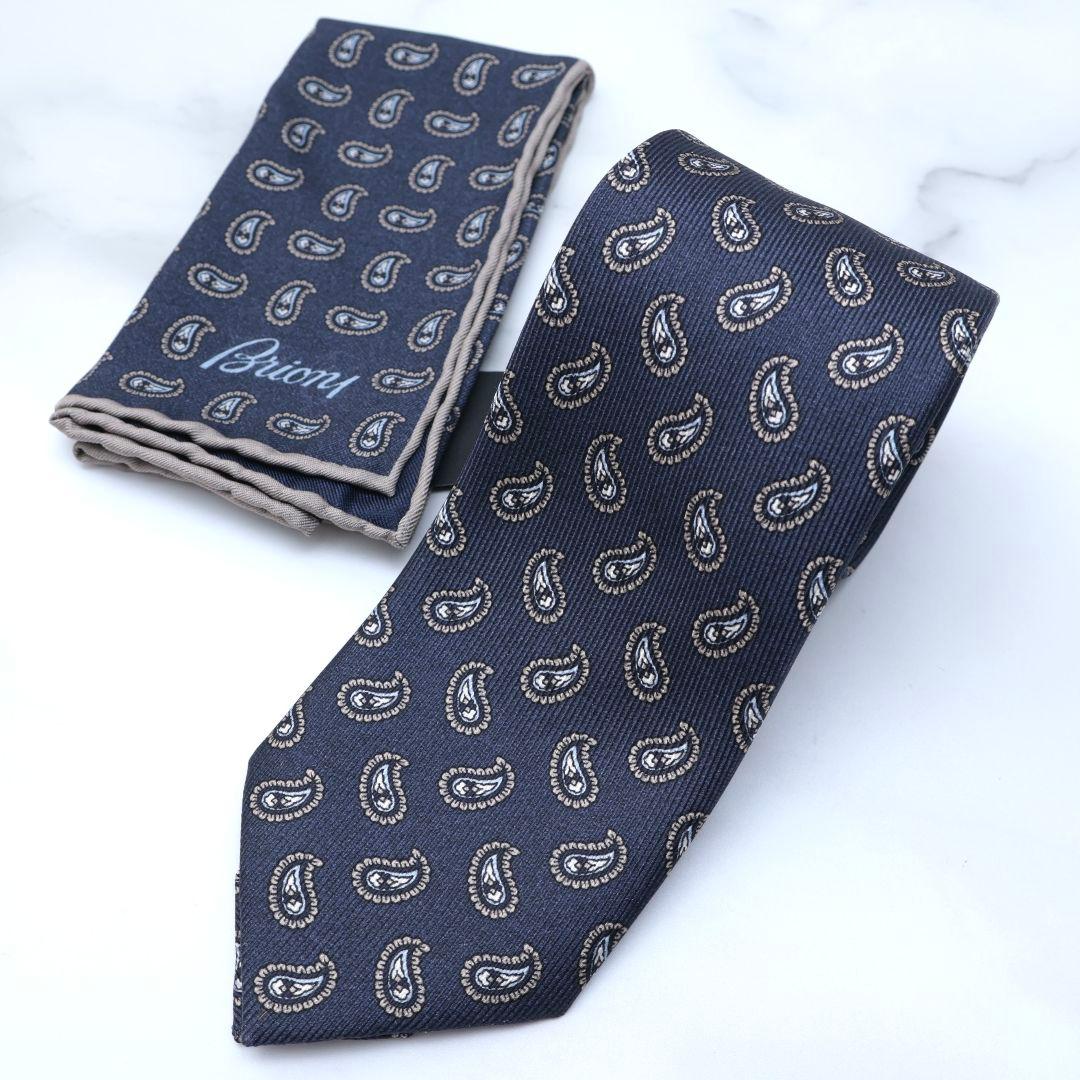 Brioni ネイビー ペイズリー ネクタイ チーフ セット ブリオーニ