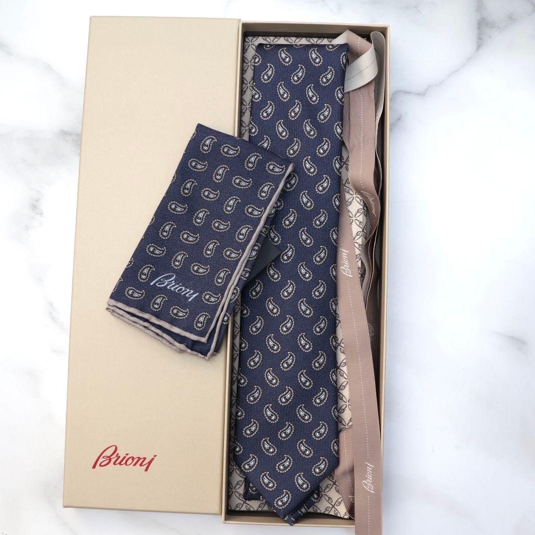 Brioni ネイビー ペイズリー ネクタイ チーフ セット ブリオーニ
