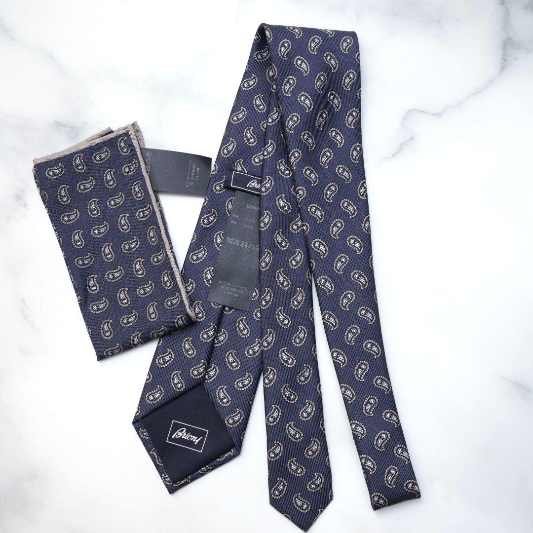 Brioni ネイビー ペイズリー ネクタイ チーフ セット ブリオーニ