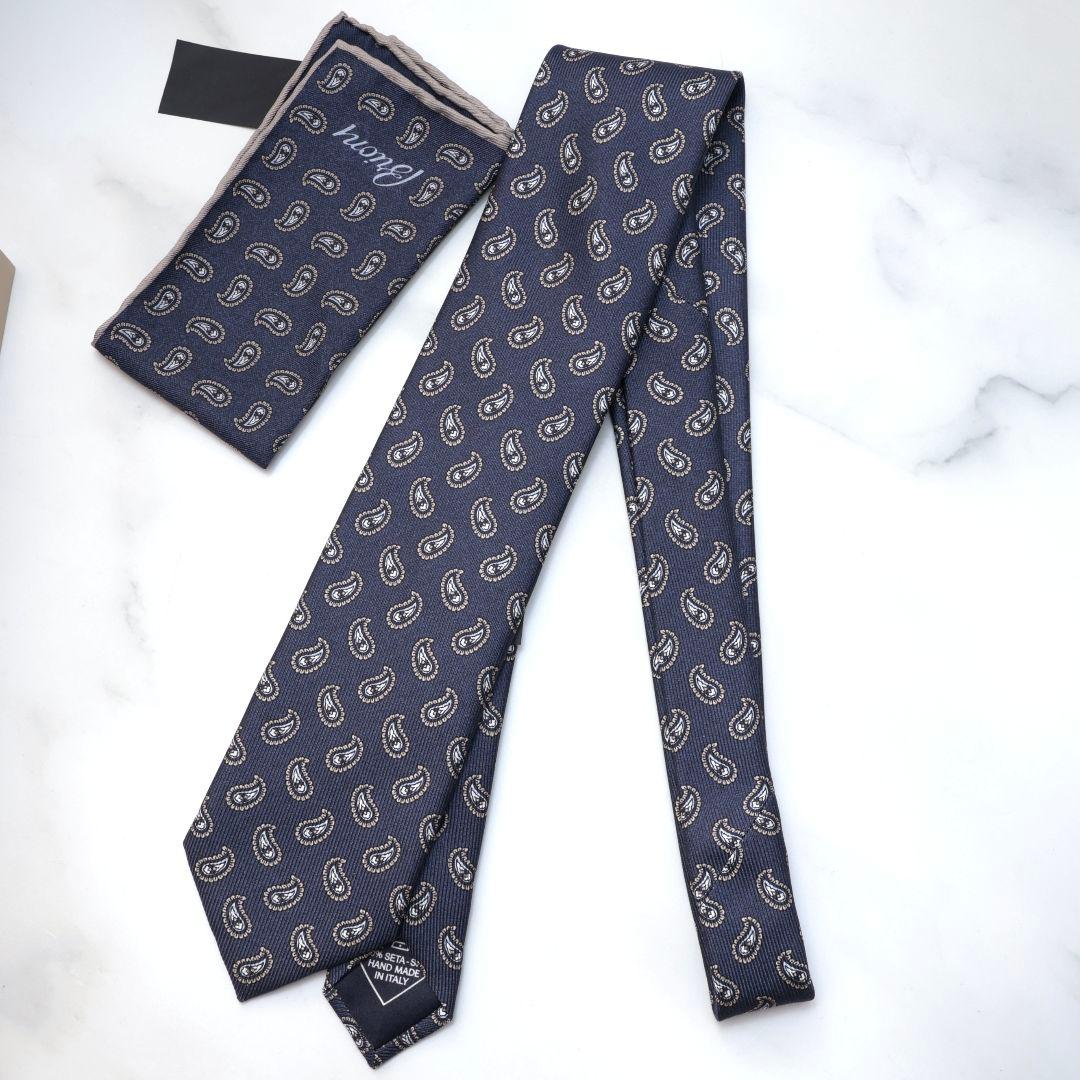 Brioni ネイビー ペイズリー ネクタイ チーフ セット ブリオーニ